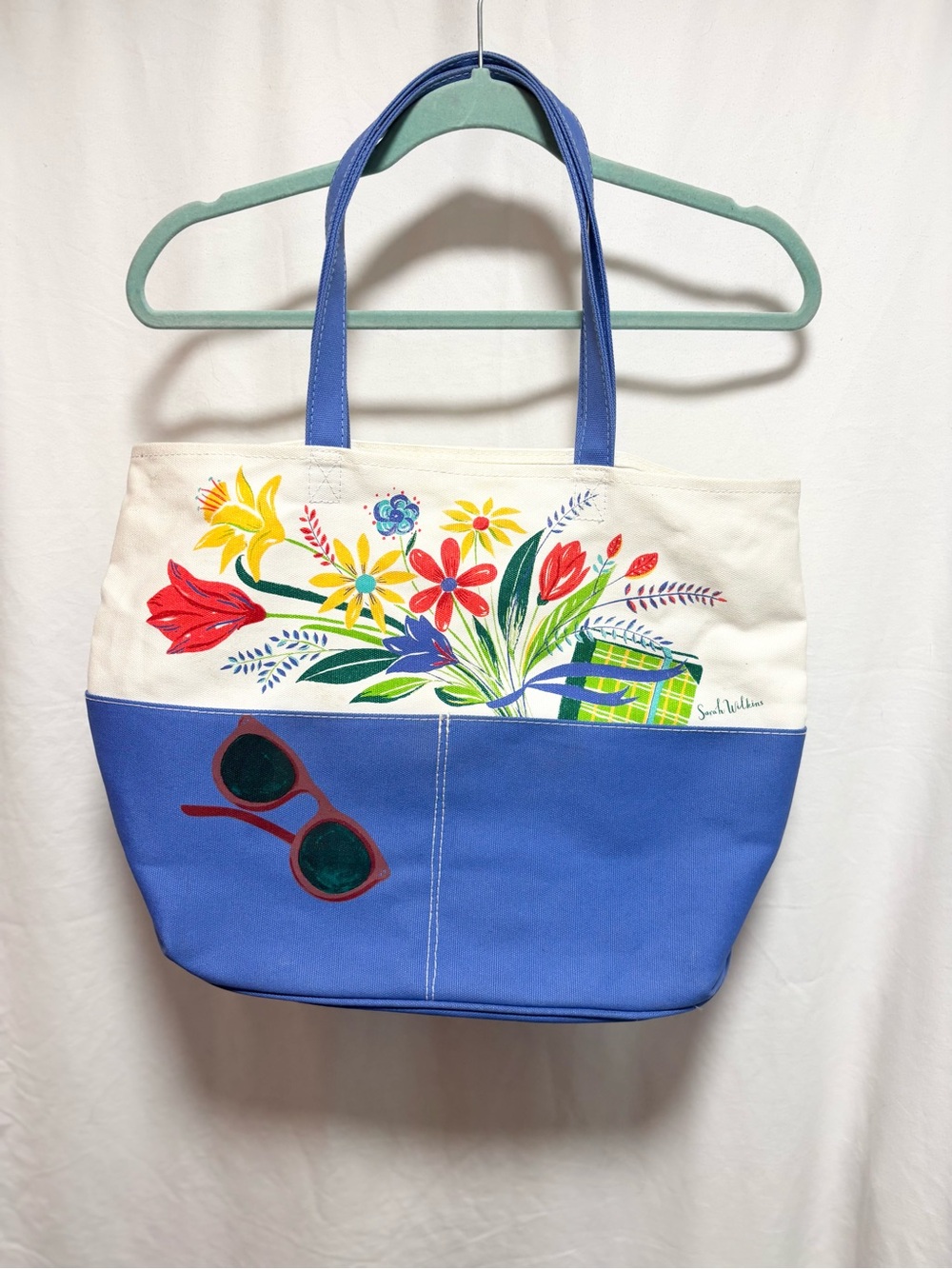Barnes & Noble Canvas Floral Tote in Blue and Cream